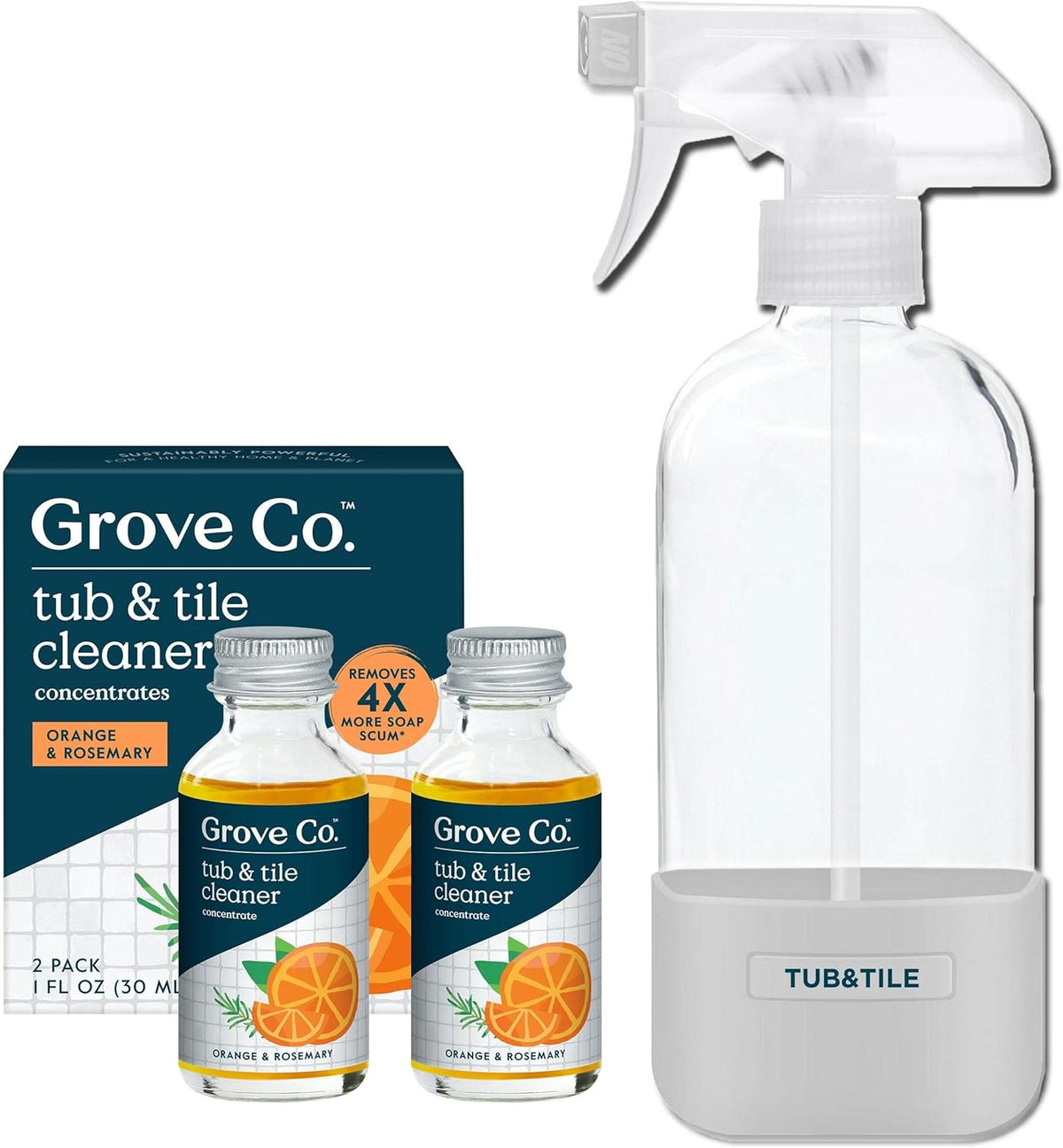 Grove Co. Tub and Tile Cleaner Refill Concentrate (2 x 1 Fl Oz) + 1 x Reusable Glass Spray Bottle (16 Oz) Plant-Based Cleaning Supplies Bundle, No Plastic Waste, Lavender & Thyme Scent