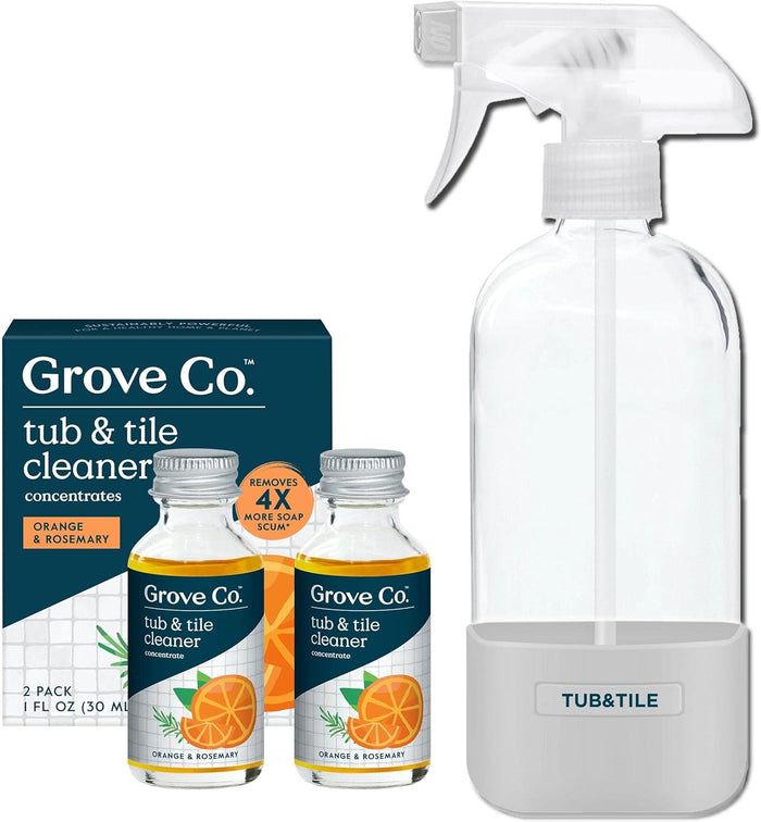 Grove Co. Tub and Tile Cleaner Refill Concentrate (2 x 1 Fl Oz) + 1 x Reusable Glass Spray Bottle (16 Oz) Plant-Based Cleaning Supplies Bundle, No Plastic Waste, Lavender & Thyme Scent