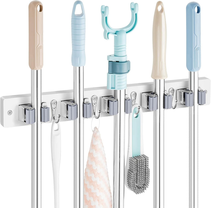 Mop and Broom Holder Wall Mount - Wood Broom Mop Hanger - Wall Mounted Garden Tool Rack Organizer for Closet Garage Laundry Room for Rustic Kitchen Decor With 5 Slots & 4 Hooks