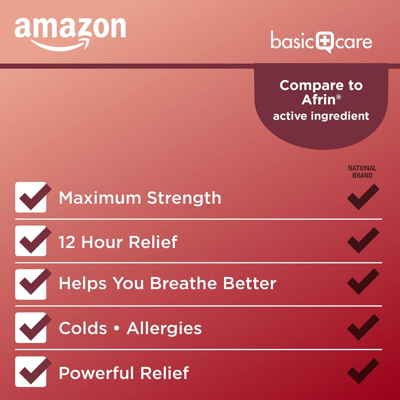 Amazon Basic Care Maximum Strength 12 Hour Nasal Spray, Oxymetazoline HCl Solution, Congestion Relief, Cold and Allergy Medicine, Decongestant, 1 fl oz (Pack of 1)
