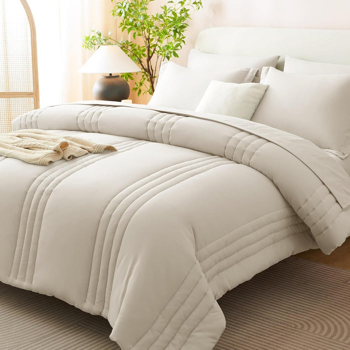 CozyLux Queen Comforter Set - 7 Pieces Bed in a Bag Beige Comforters Queen Size Bed Set, Soft Bedding Set with All Seasons Comforter, Sheets, Pillowcases & Shams