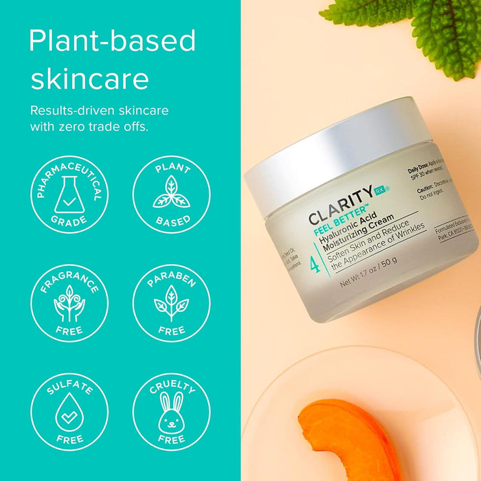 ClarityRx Feel Better Hyaluronic Acid Face Moisturizer, Natural Plant-Based Moisturizing Cream with Jojoba Oil & Hyaluronic Acid for Hydration, Smooths Dry, Aging Skin, Paraben & Cruelty Free