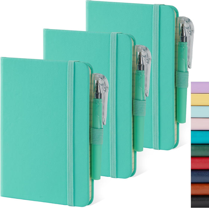 (3 Pack) Pocket Notebook Journal, Hardcover Small Mini Notebooks with Pens for Work, 3.7" x 5.7" A6 Notebook College Ruled with 100Gsm Premium Thick Lined Paper, Black Leather