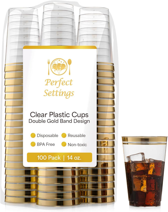 Perfect Settings Gold Rimmed Disposable Plastic Cups, Clear Hard Plastic Drinking Glasses for Cold Beverages & Cocktails, BPA-FREE, Disposable Wedding Cups, 16 oz. (Pack of 100)