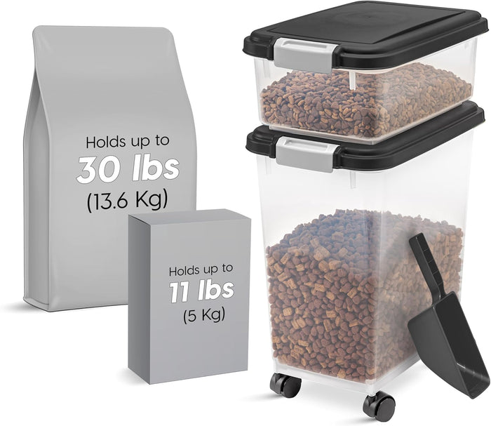 IRIS USA 3-Piece 41 Lbs / 45 Qt WeatherPro Airtight Pet Food Storage Container Combo with Scoop and Treat Box for Dog Cat and Bird Food, Keep Fresh, Translucent Body, Easy Mobility, Black