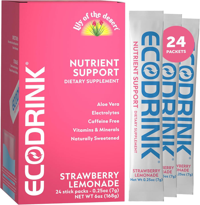 Lily of the Desert EcoDrink Nutrient Support Hydration Packets, Peach Mango – Naturally Sweetened Multivitamin Electrolyte Mix with Aloe, 24 Stick Packs/Box, 0.25 Oz Ea