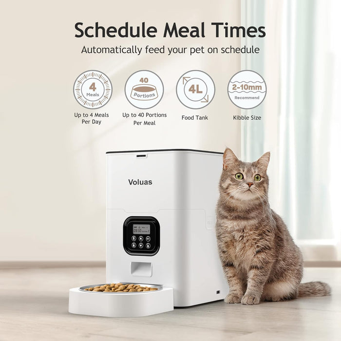 VOLUAS Automatic Cat Feeder – 4L Timed Cat Dry Food Dispenser with Voice Recorder, Dual Power Supply, Programmable Portion Control, Desiccant Bag, Auto Pet Feeder for Cats and Dogs