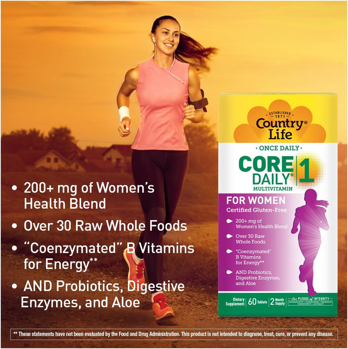 Country Life Women’s Core 1 Daily Multivitamin with Iron, Cranberry, Probiotics, and Digestive Enzymes-Certified Gluten-Free Formula for Energy, Immune Support and Complete Digestive Health,60 Tablets