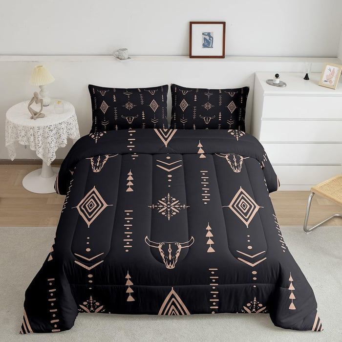 Bull Skull Comforter Set Queen Boho Bedding Ethnic Horns Bohemian Bedding Comforter Sets Black Brown Tribal Symbol Mysterious Aztec Bedroom Decor Abstract Geometric Duvet Insert for Men Boys