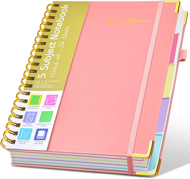 Hardcover Spiral Notebooks for Work, 5 Subject Notebook College Ruled with Dividers Tabs, Lined Organizer Notebook Journal for Women, 8"x10" Large B5 Notebooks for School Note Taking, 240 Pages Green