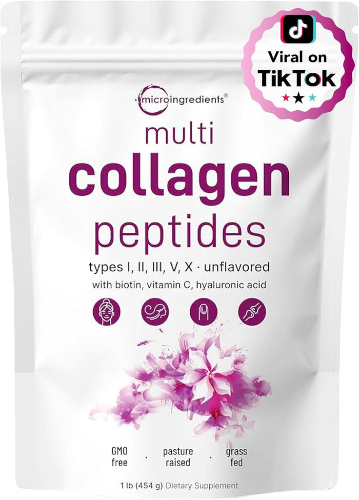 Micro Ingredients Multi Collagen Peptides Powder, 2lb | Type I, II, III, V, X + Biotin, Vitamin C & Hyaluronic Acid | Unflavored | Supports Hair, Skin & Joint Health | Keto, Non-GMO