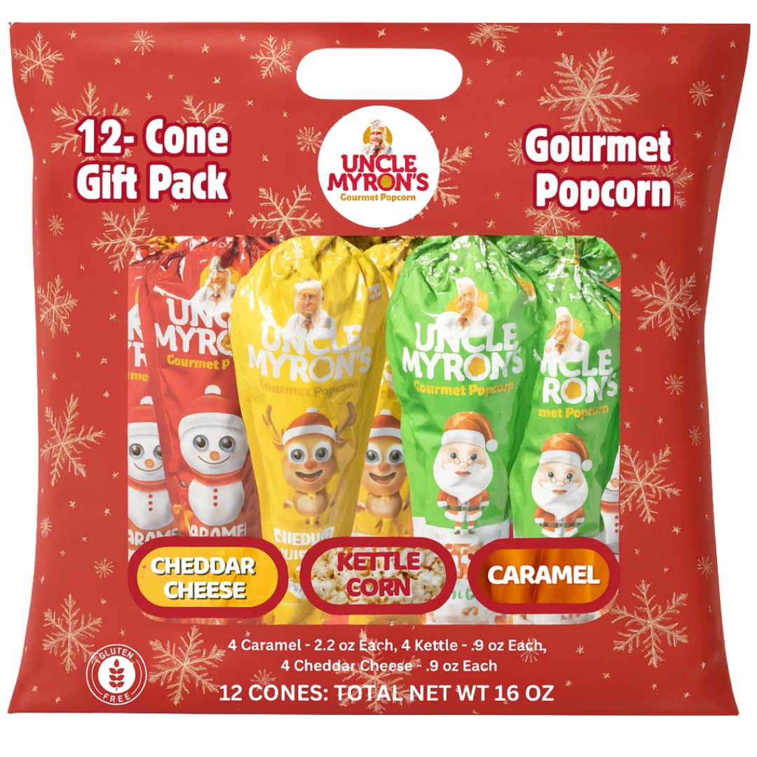 Uncle Myron’s Holiday Popcorn Cones Variety Pack (12 Pack) – Caramel, Cheddar Cheese & Kettle Corn – Christmas Gift Set, Individually Wrapped Festive Cones, Gourmet Popcorn Snacks for Kids, Parties & Stocking Stuffers