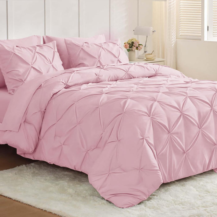 JOLLYVOGUE Queen Comforter Set 7 Pieces - Bed in a Bag Queen for All Season, Pintuck Bedding Comforter Sets with Comforter, Flat Sheet, Fitted Sheet and Pillowcases & Shams, Beige