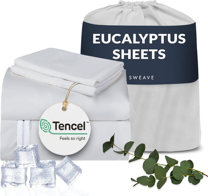Eucalyptus Sheets – 100% Tencel Cooling Sheets, 300 TC Ultra-Soft, Breathable Percale Weave, 4-Piece Bedding Set for a Refreshing, Comfortable Sleep (White, King)