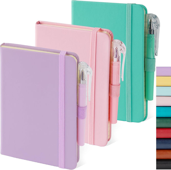 (3 Pack) Pocket Notebook Journal, Hardcover Small Mini Notebooks with Pens for Work, 3.7" x 5.7" A6 Notebook College Ruled with 100Gsm Premium Thick Lined Paper, Black Leather