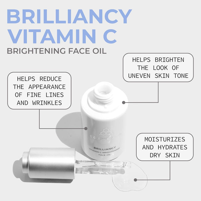 COSMEDIX Brilliancy Vitamin C Brightening Face Oil for Women & Men - Hydrating Facial Oil for Dark Spots & Uneven Skin Tone - Ultra-Nourishing Facial Skin Care Products, Moisturized & Natural Glow
