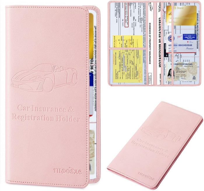 Leather Car Registration and Insurance Card Holder, Car Document Holder for Cards License with Magnetic Shut (Black, large)