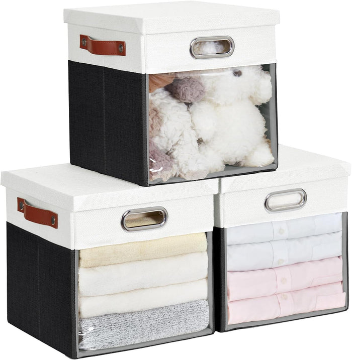 Fabric Storage Cubes with Clear Windows and Lids, 11'' Foldable Storage Bins with 3 Handles, Decorative Storage Boxes for Home, Bedroom, Closet, Office (Gray & White)