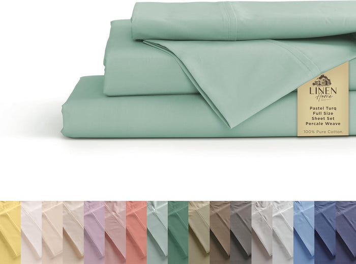Linen Home 100% Cotton Percale Sheets Queen Size, Ivory, Deep Pocket, 4 Pieces Set - 1 Flat, 1 Deep Pocket Fitted Sheet and 2 Pillowcases, Crisp Cool and Strong Bed Linen
