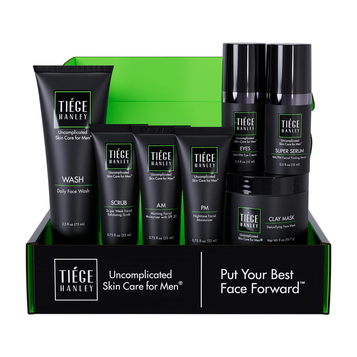 Tiege Hanley Skin Care Set for Men, Anti Aging Routine, System Level 3, Daily Face Wash, Facial Scrub, Two Moisturizers, Eye Cream, and Serum for Healthy, Hydrated Skin, Men’s Skin Care, 6 Piece Kit