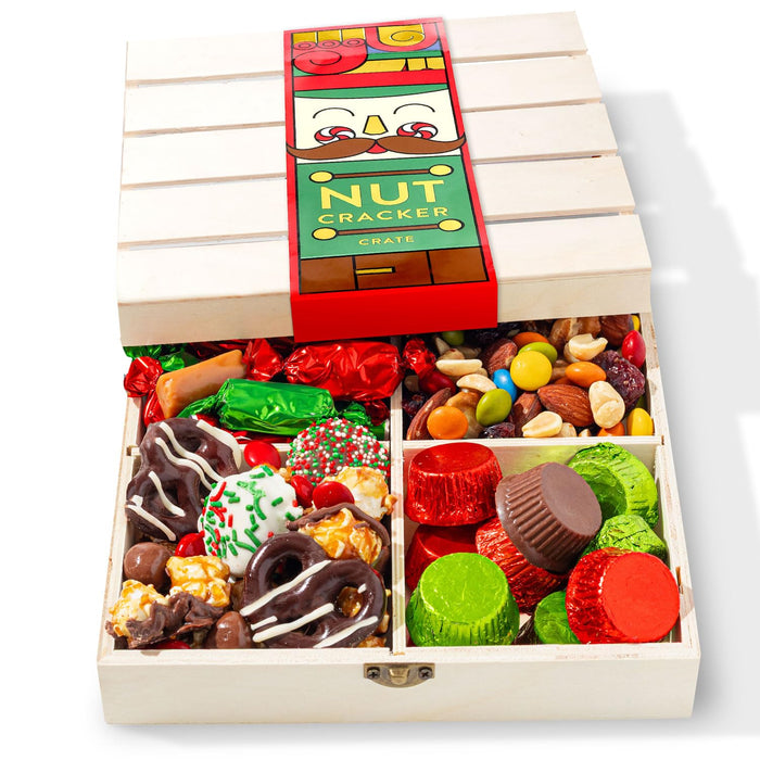 Christmas Nut Gift Basket, in Reusable Wooden Crate, Healthy Gift Option, Gourmet Snack Food Box, with Unique Flavors, Great for Holiday and a Family Party- Bonnie & Pop
