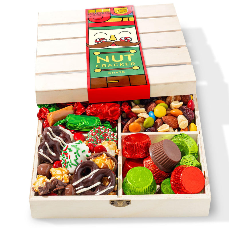 Christmas Nut Gift Basket, in Reusable Wooden Crate, Healthy Gift Option, Gourmet Snack Food Box, with Unique Flavors, Great for Holiday and a Family Party- Bonnie & Pop