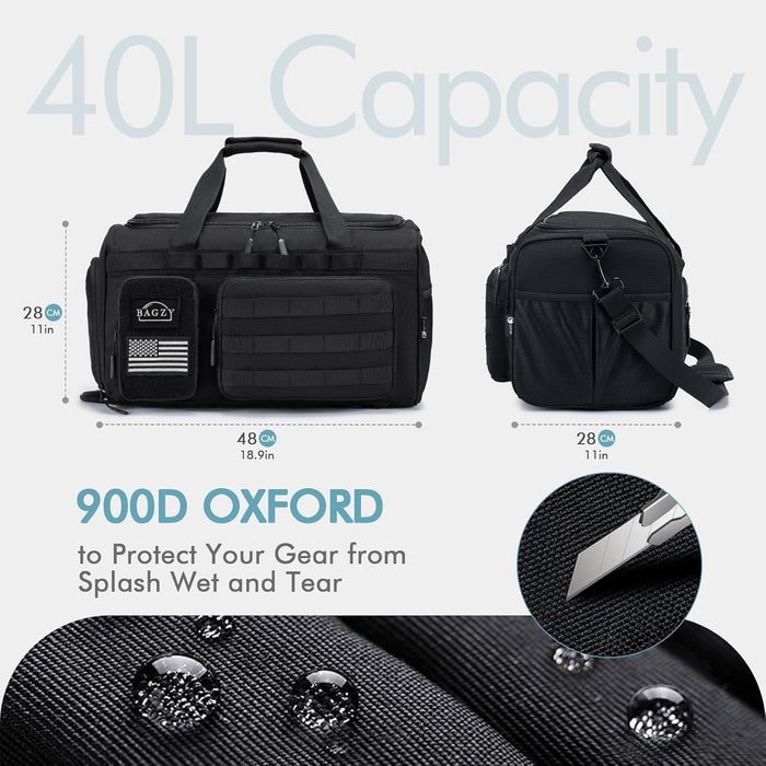 3 In 1 Tactical Military Travel Duffle Bag 40L with Shoe Compartment Gym Bag Backpack for Fitness Weekender Deployment Workout Black