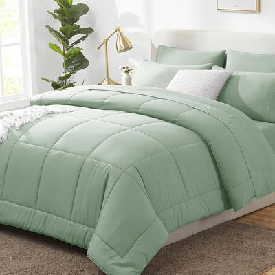 CozyLux Full Size Comforter Sets Sage Green, 7 Pieces Bed in a Bag, Green Comforter Full Size, All Season Bedding Sets with Stitch Quilted Comforter, Flat Sheet, Fitted Sheet, Pillowcases