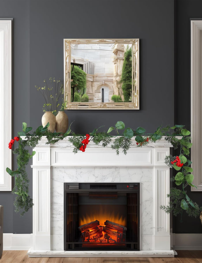 5.9 Feet Eucalyptus Leaves Red Berry Norfolk Pine Christmas Greenery Garland for Table, Mantle, Wall, Indoor, Outdoor Christmas Decorations