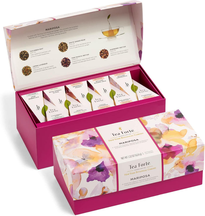 Tea Forte Tea Sampler Presentation Box, 20 Assorted Handcrafted Pyramid Tea Infuser Bags, Tea Tasting Assortment: Black, White, Green, Herbal