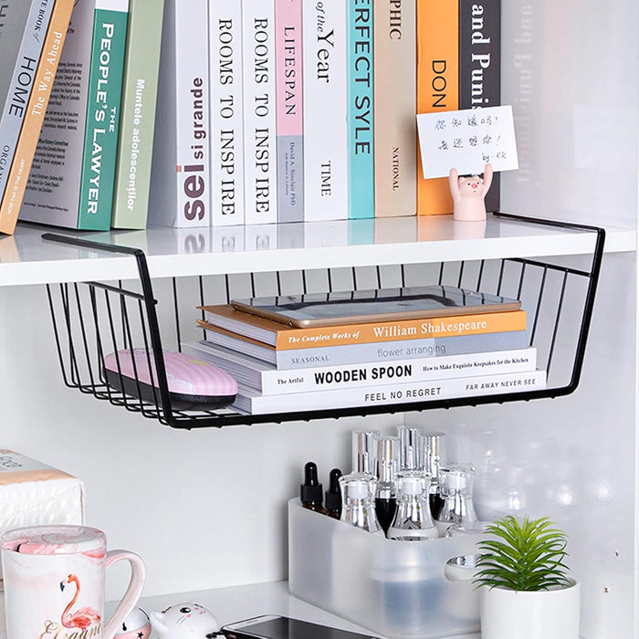 Undershelf Storage Basket Under Shelf Wire Basket Household Metal Under Shelf Hanging Storage Bin Basket Slides Under Shelves for Storage Space Saving for Kitchen Pantry Bookshelf