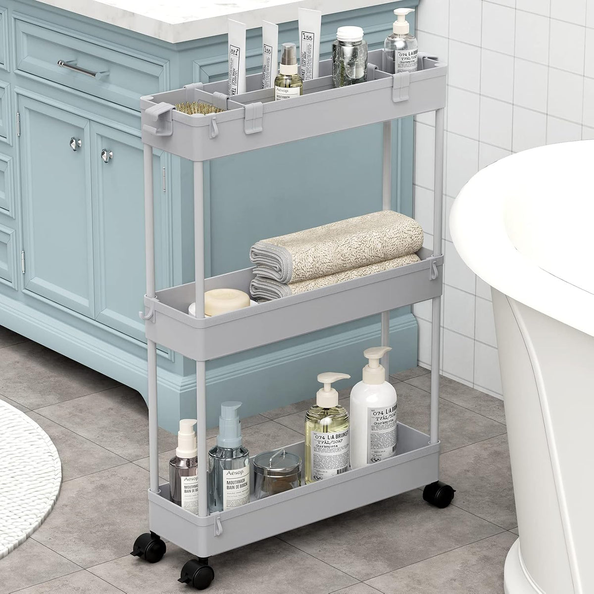 SPACELEAD Slim Storage Cart 3 Tier,Bathroom Organizer Rolling Utility, Mobile Shelving Unit Slide Out for Office, Kitchen, Laundry Room & Narrow Places,White