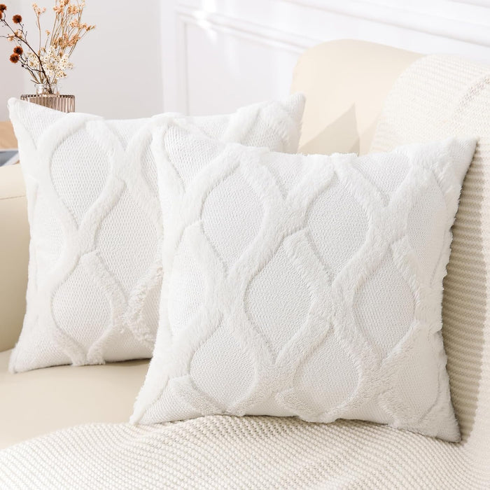 decorUhome Throw Pillow Covers 18x18 Inch Set of 2, Soft Plush Faux Fur Wool Cream White Couch Pillow Covers, Decorative Neutral Pillow Cases for Bed Sofa Living Room Home Decor