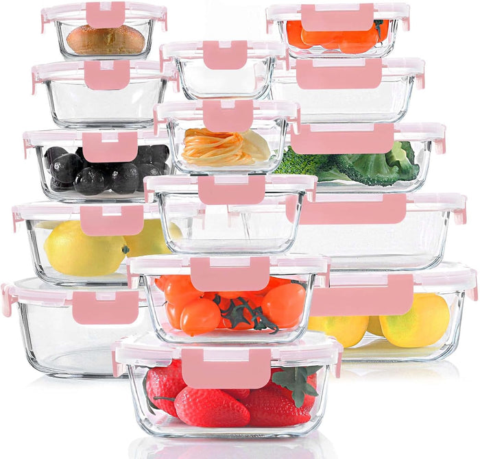 KOMUEE 30 Pieces Glass Food Storage Containers Set, Glass Meal Prep Containers Set with Snap Locking Lids, Airtight lunch Containers for Microwave, Oven, Freezer & Dishwasher,Gray