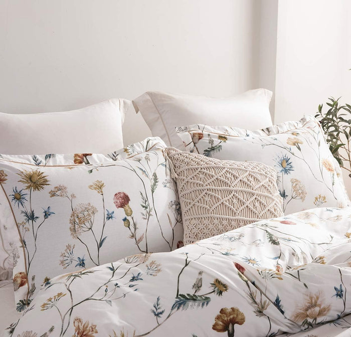 SLEEPBELLA Cotton King Size Comforter, 600 Thread Count Cotton White Printed with Blue & Blush Flowers Cotton Comforter Set,Down Alternative Bedding Set 3Pcs(King, White Floral)