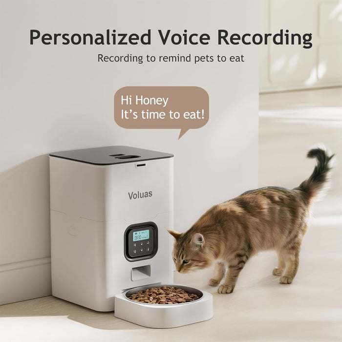VOLUAS Automatic Cat Feeder – 4L Timed Cat Dry Food Dispenser with Voice Recorder, Dual Power Supply, Programmable Portion Control, Desiccant Bag, Auto Pet Feeder for Cats and Dogs