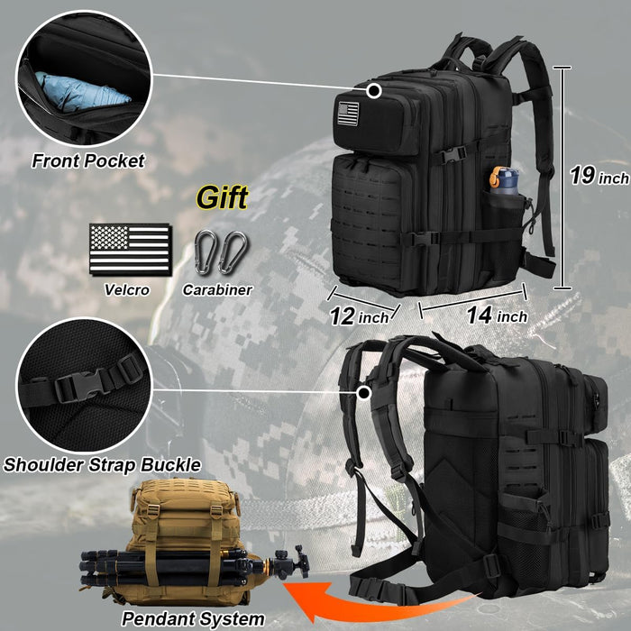 50L Military Tactical Backpack for Men,Water Resistant Day Backpack Molle Army 3 Days Assault Pack Bug Out Bag,Heavy Duty Hiking Treeking Gym Rucksack Black