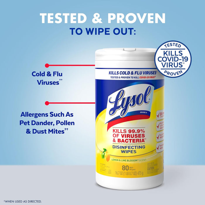 Lysol Disinfecting Wipes Bundle, Home Apartment Dorm Room Essentials and Cleaning Supplies, All Purpose Cleaner, Multi-surface Cleaning Wipes, Lemon and Lime Sanitizing Wipes Bundle, 80 Count