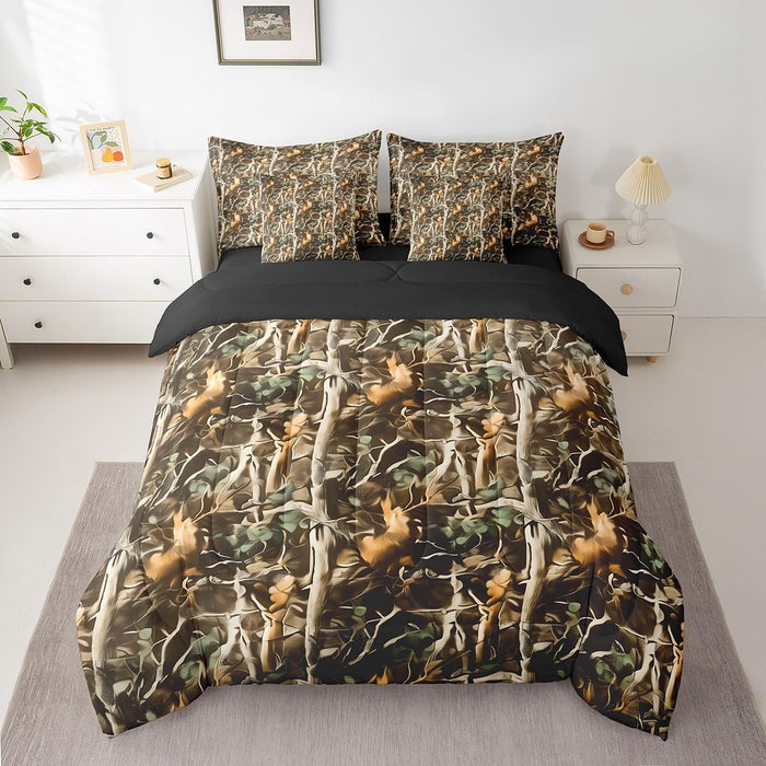 Feelyou Duck Hunter Green Camouflage Hunting 7 Pieces Bedding Set, Queen Size Black Brown All Season,Bed in a Bag with Comforter, Sheets, Pillowcases Camo Army Bed Set Breathable Wild Room Decor