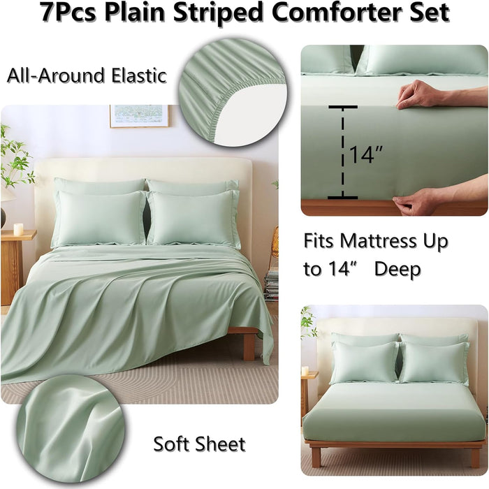 CozyLux Queen Comforter Set - 7 Pieces Bed in a Bag Sage Green Comforters Queen Size Bed Set, Soft Bedding Set with All Seasons Comforter, Sheets, Pillowcases & Shams