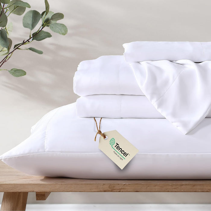 100% Eucalyptus Tencel Lyocell Sheet Set, Silky Soft & Smooth Cooling Sheets for All-Season, Sustainably Made, Moisture-Wicking, Hypoallergenic - Queen, White