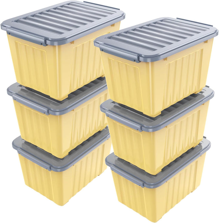 Nazhura 97 Quart Plastic Storage Bin, Stackable and Nestable Storage Boxes with Yellow Lids and Secure Latching Buckles, Large Storage Container (Black/Yellow, 97Quart-4Pack)