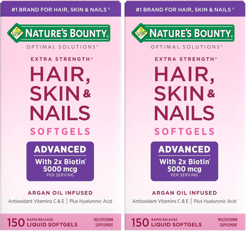 Nature's Bounty Advanced Hair, Skin & Nails, Argan-Infused Vitamin Supplement with Biotin and Hyaluronic Acid, 150 Rapid Release Softgels, 50 Total Servings