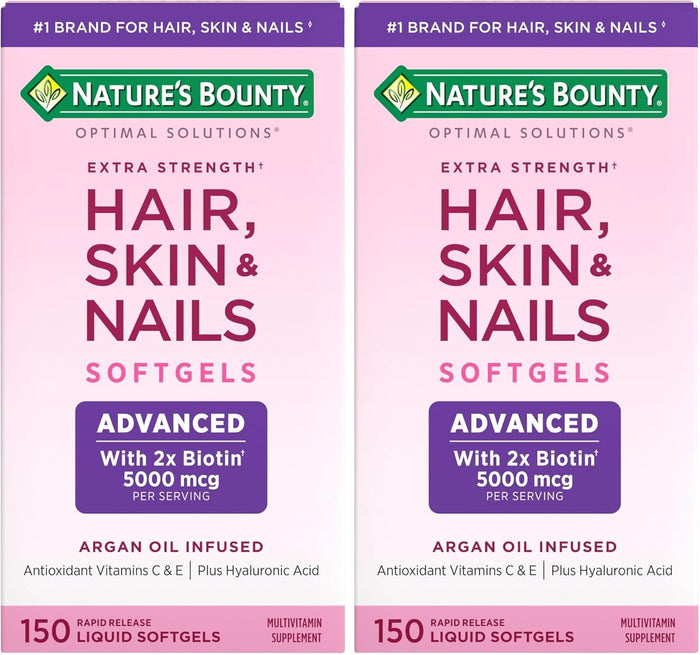 Nature's Bounty Advanced Hair, Skin & Nails, Argan-Infused Vitamin Supplement with Biotin and Hyaluronic Acid, 150 Rapid Release Softgels, 50 Total Servings