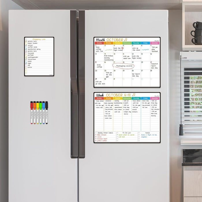 Magnetic Dry Erase Monthly Calendar Set - 14.5"x11" Monthly and Weekly Calendar, 6.5"x8.5" List Board for Fridge - 6 Extra Fine Point Markers Included - Shipped Flat