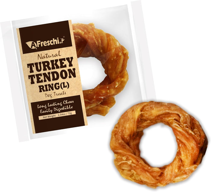 AFreschi Turkey Tendons for Dogs, USA-Sourced, Healthy Dog Treats, Rawhide-Free Puppy Chews, Long Lasting, All Natural, Hypoallergenic Dog Treats for Large Breeds, 10 oz Pack Bone (L)