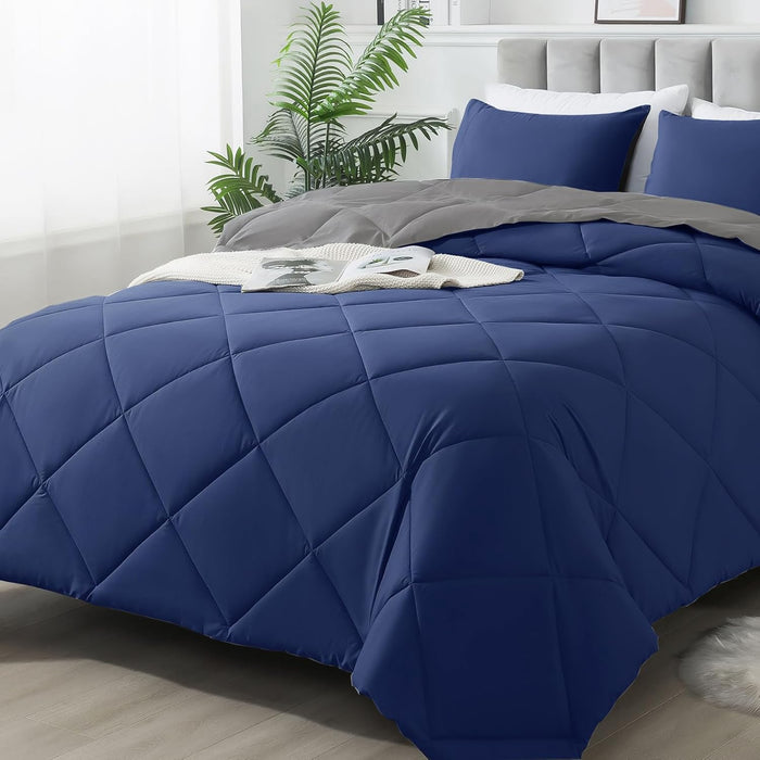 Down Alternative Bedding Comforter Sets Queen Size - All-Season Soft Reversible Microfiber Bedding Comforter Sets - Lightweight & Machine Washable (Dark Blue, Queen)