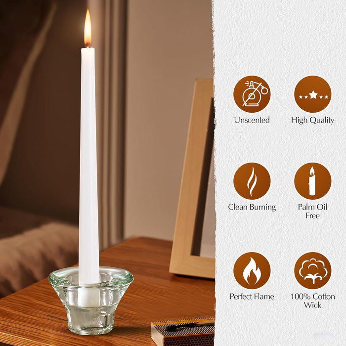 36 Pack White Taper Candles, 6-7 Hours Burn Time, Unscented and Smokeless, 4/5 x 10 Inch Dinner Candle Set for Household, Wedding, Party and Home Décor Candlesticks