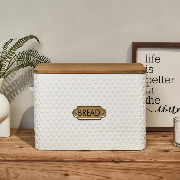 Vertical Stripes Extra Large Space Saving Farmhouse Bread Box with Wood Lid - Holds 2 Loaves - White Vertical Breadbox Bread Storage Bin Holder for Kitchen Countertop