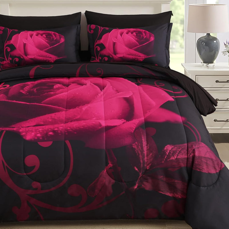 WONGS BEDDING Purple Comforter Set Queen, Reversible Purple Rose 7 Pieces Bed in a Bag, Lightweight Soft Microfiber Bedding Sets with Flat Sheet, Fitted Sheet, Pillowcases & Shams